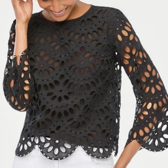 ANN TAYLOR MP Black Cotton Scalloped Eyelet 3/4 Bell Sleeves Medium PETITE Top - Picture 1 of 15